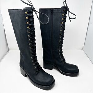 Jeffery Campbell Tyro Black Distressed Knee High Boots Size 8.5 Lace Up